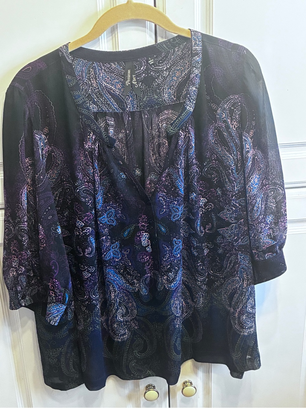 Petticoat Alley Women’s Purple Paisley Tie-Neck Peasant Blouse, Size: L